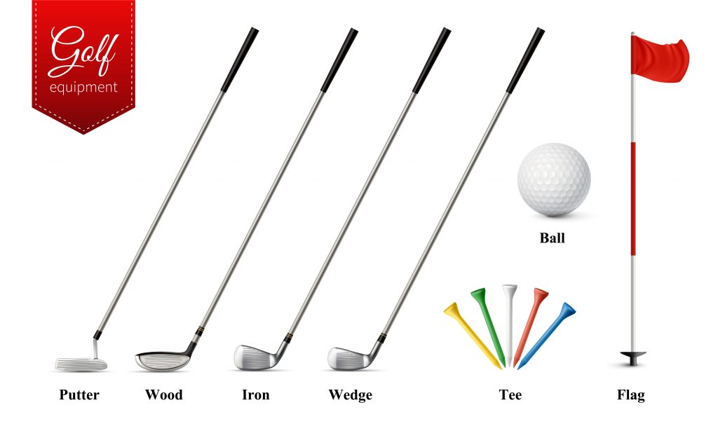 Different types of golf clubs and other equipment